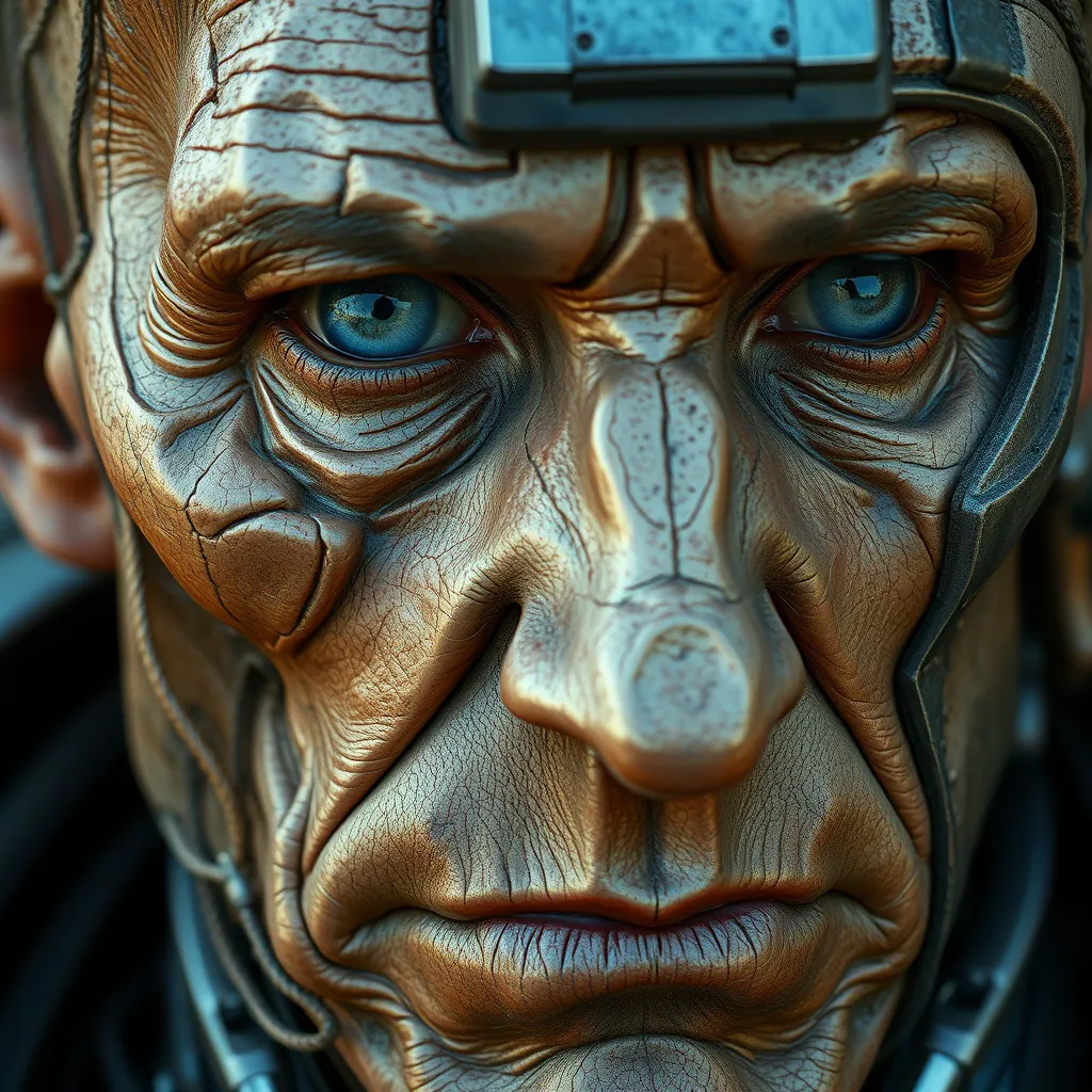 Close-up portrait of a weathered, grizzled cyborg, their face a patchwork of human skin and metallic plating, a single, piercing blue eye radiating wisdom and quiet power.