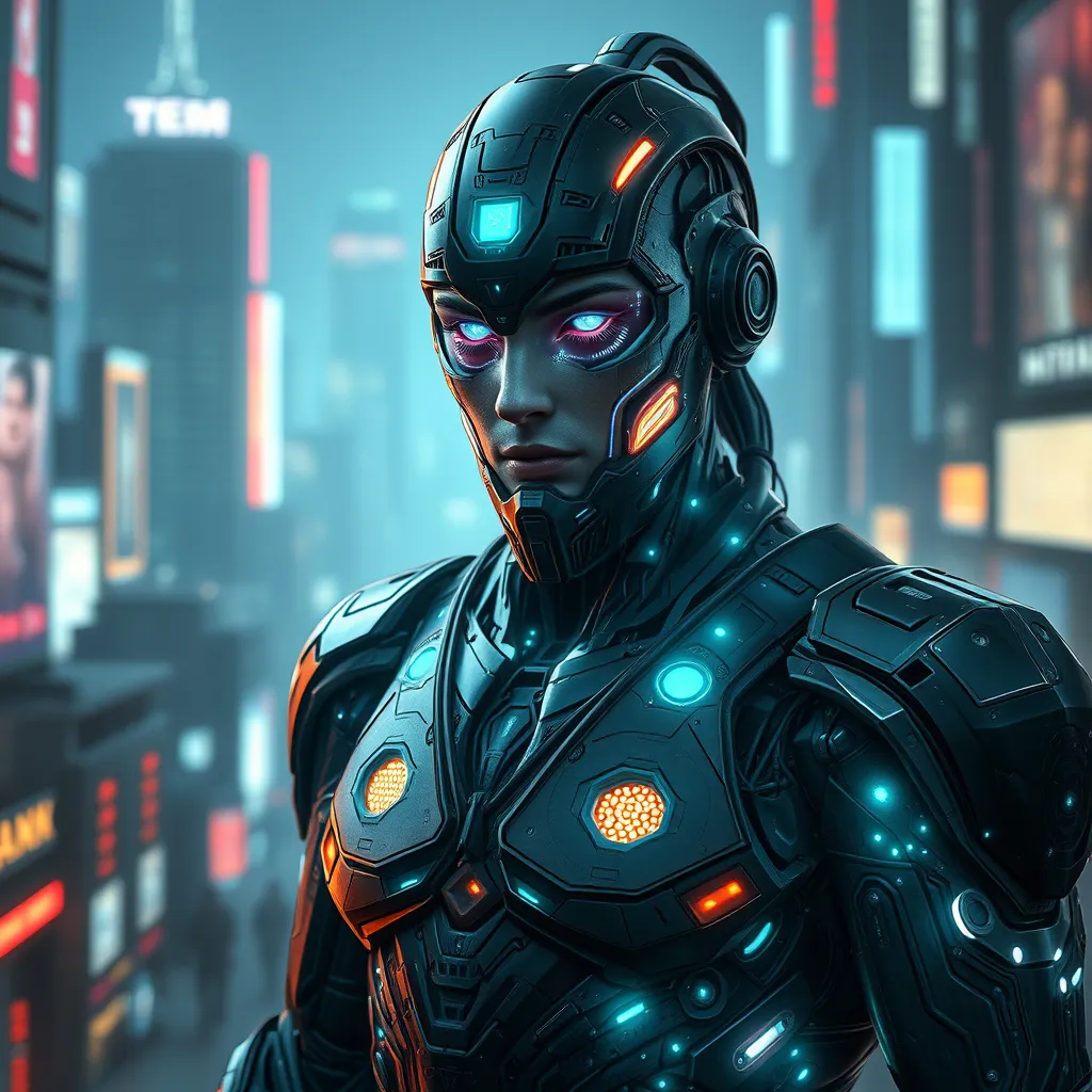 A stoic cyborg warrior, with intricate, glowing circuitry woven beneath their synthetic skin, stands amidst a futuristic cityscape, their augmented eyes reflecting the neon lights and holographic displays.