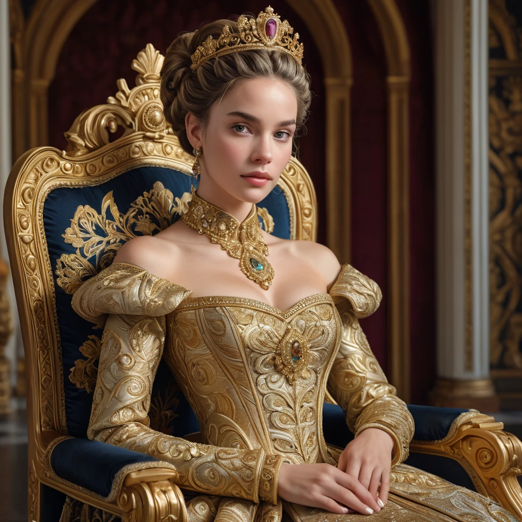 A regal woman with braided updo, wearing an elaborate gown fit for a queen, with gold filigree and rich, deep satin textures, in a grand throne room adorned with tapestries