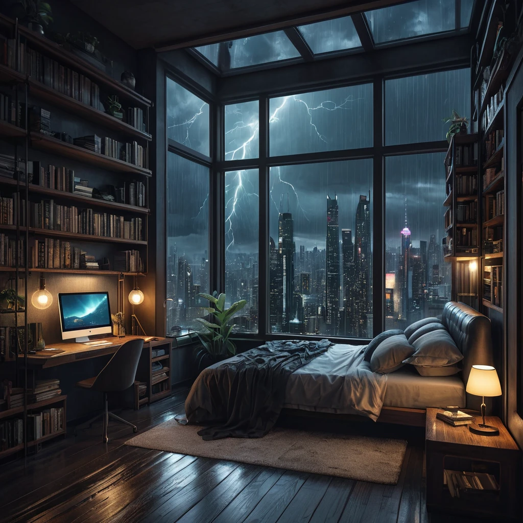 beautiful cozy, tiny, cramped bedroom with floor to ceiling glass windows overlooking a cyberpunk city at night, bookshelves, thunderstorm outside with torrential rain, detailed, high resolution, photorrealistic, dark, gloomy, moody aesthetic