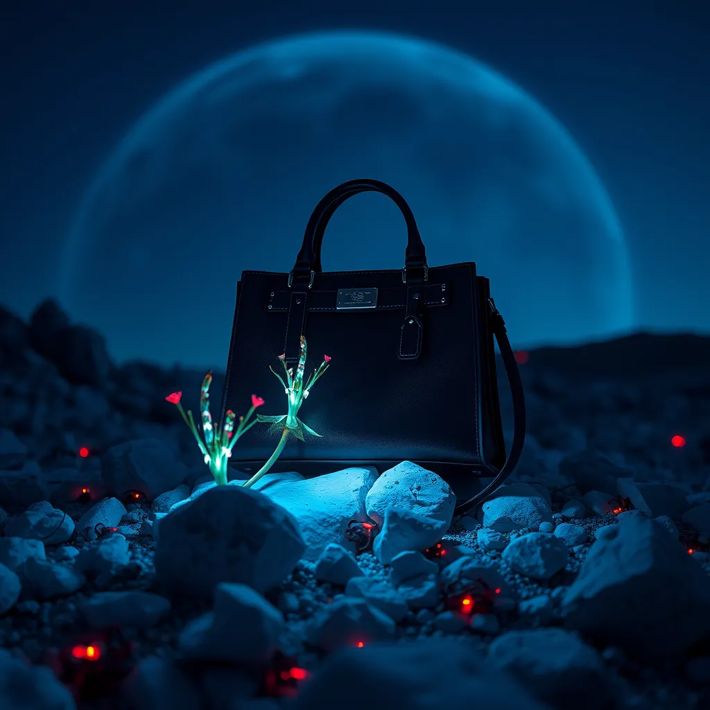 An image that presents a bag only for the brand Alexander McQueen. White rocks, planet, hyper-realistic, surrealism details, futuristic, 8k resolution, day editorial, inspired by Rick Owens or Alexander McQueen, dusk. Blue, black, and white. Red small details campaign. Dark, night. With bioluminescent plants that light up the bag during the night. During the night.