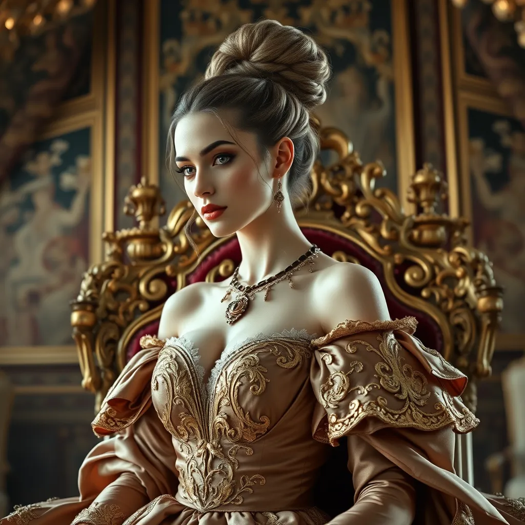 A regal woman with braided updo, wearing an elaborate gown fit for a queen, with gold filigree and rich, deep satin textures, in a grand throne room adorned with tapestries