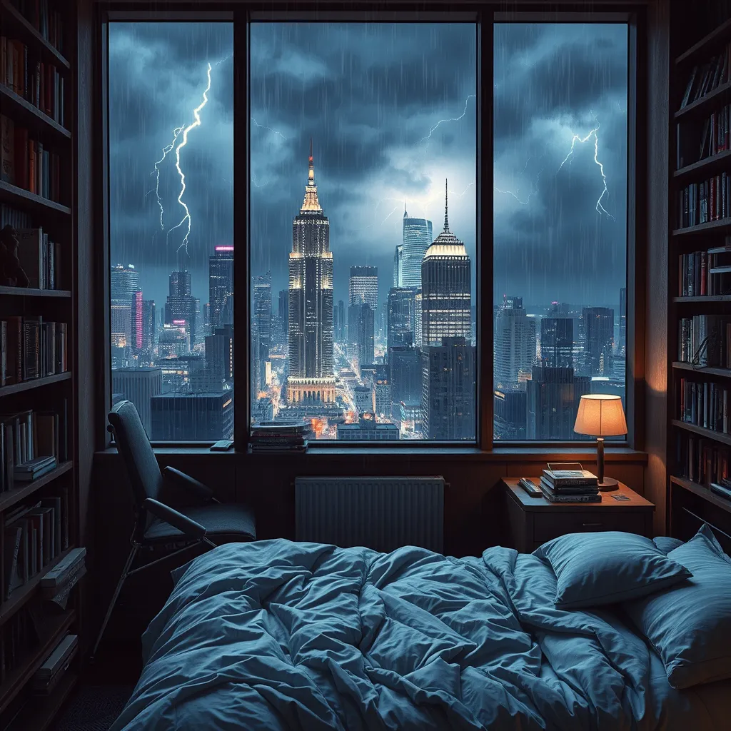 beautiful cozy, tiny, cramped bedroom with floor to ceiling glass windows overlooking a cyberpunk city at night, bookshelves, thunderstorm outside with torrential rain, detailed, high resolution, photorrealistic, dark, gloomy, moody aesthetic