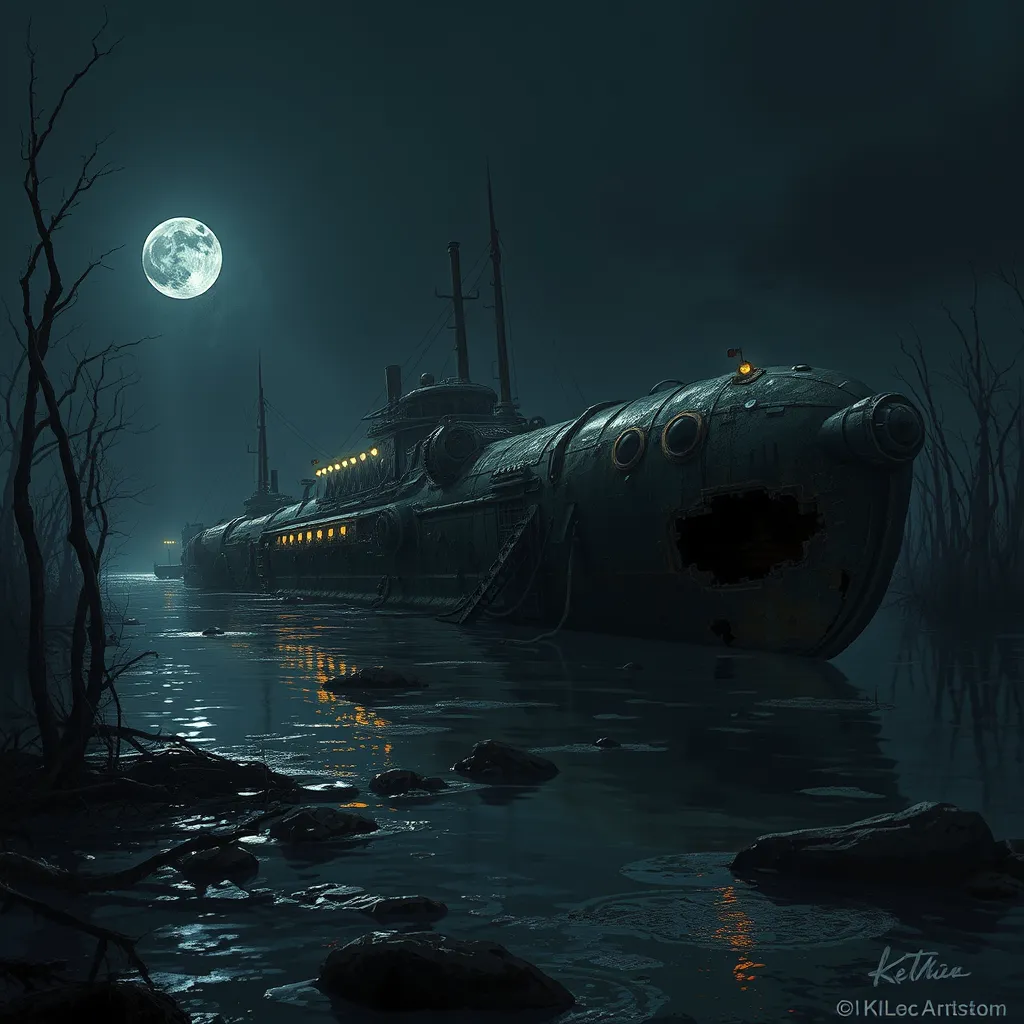 Beached steampunk submarine shipwreck in swamp,  dark atmosphere, night, mijn, highly detailed, digital painting, artstation, concept art, smooth, sharp focus, illustration, art by artgerm and greg rutkowski and alphonse mucha, erte, 8 k