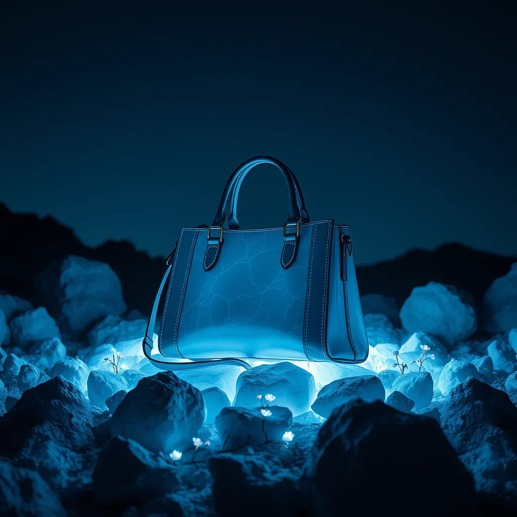 An image that presents a bag only for the brand Alexander McQueen. White rocks, planet, hyper-realistic, surrealism details, futuristic, 8k resolution, day editorial, inspired by Rick Owens or Alexander McQueen, dusk. Blue, black, and white. Red small details campaign. Dark, night. With bioluminescent plants that light up the bag during the night. During the night.