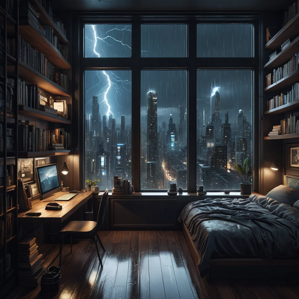 beautiful cozy, tiny, cramped bedroom with floor to ceiling glass windows overlooking a cyberpunk city at night, bookshelves, thunderstorm outside with torrential rain, detailed, high resolution, photorrealistic, dark, gloomy, moody aesthetic