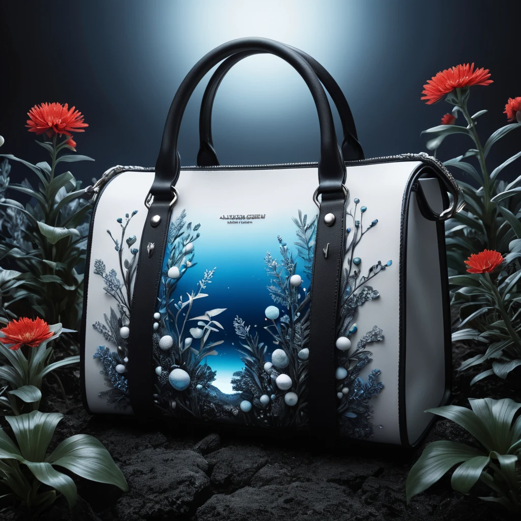 An image that presents a bag only for the brand Alexander McQueen. White rocks, planet, hyper-realistic, surrealism details, futuristic, 8k resolution, day editorial, inspired by Rick Owens or Alexander McQueen, dusk. Blue, black, and white. Red small details campaign. Dark, night. With bioluminescent plants that light up the bag during the night. During the night.