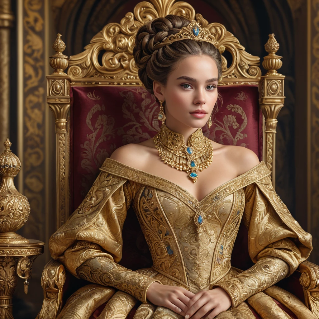 A regal woman with braided updo, wearing an elaborate gown fit for a queen, with gold filigree and rich, deep satin textures, in a grand throne room adorned with tapestries