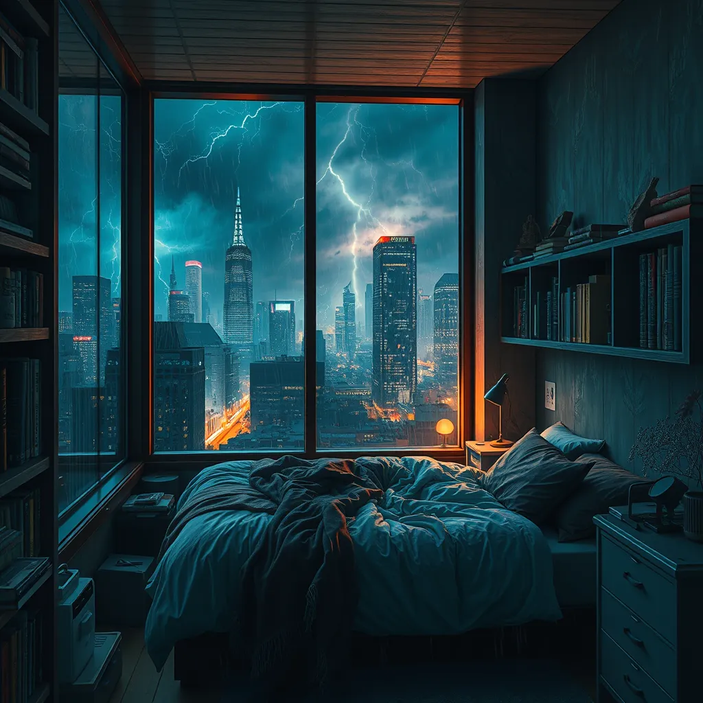 beautiful cozy, tiny, cramped bedroom with floor to ceiling glass windows overlooking a cyberpunk city at night, bookshelves, thunderstorm outside with torrential rain, detailed, high resolution, photorrealistic, dark, gloomy, moody aesthetic