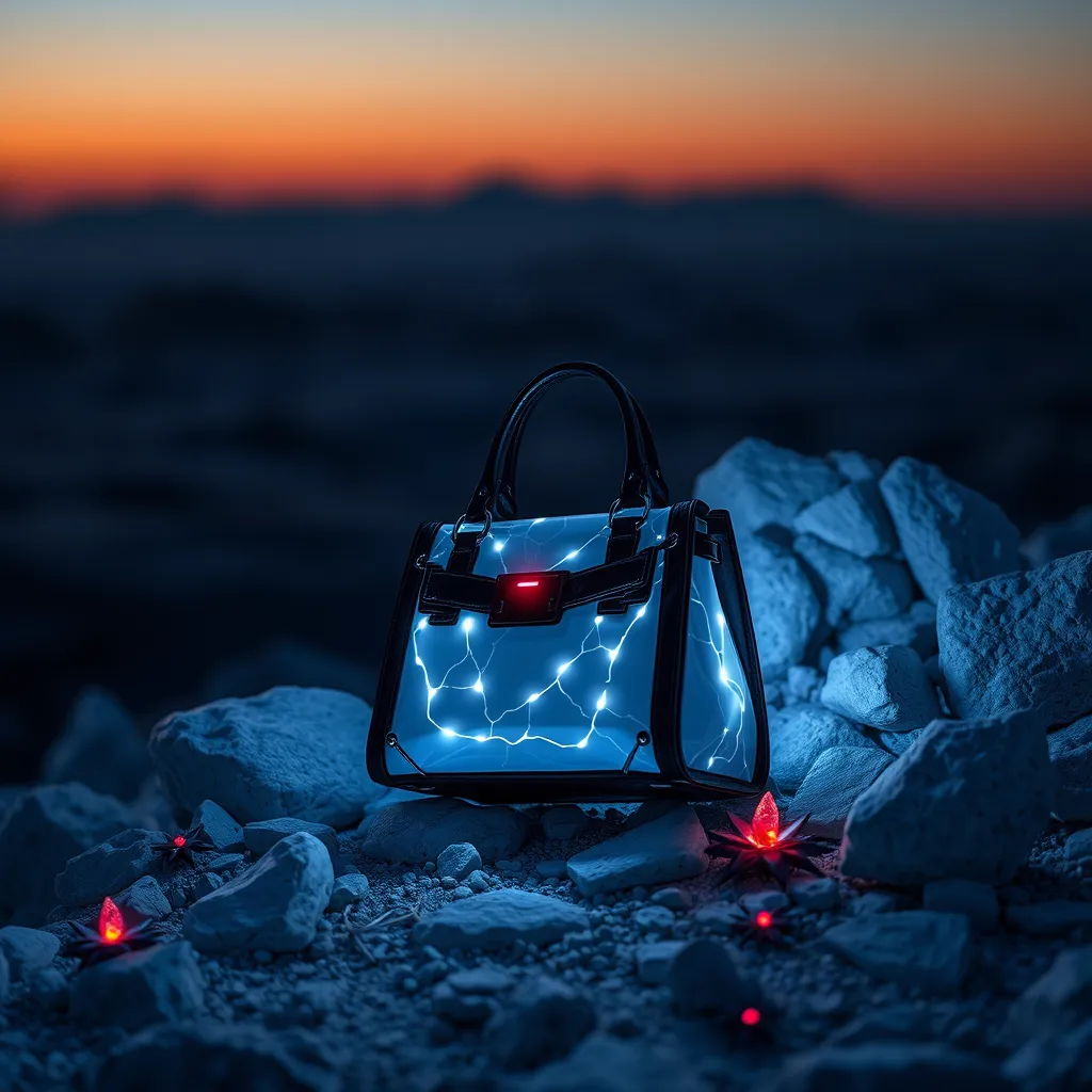 An image that presents a bag only for the brand Alexander McQueen. White rocks, planet, hyper-realistic, surrealism details, futuristic, 8k resolution, day editorial, inspired by Rick Owens or Alexander McQueen, dusk. Blue, black, and white. Red small details campaign. Dark, night. With bioluminescent plants that light up the bag during the night. During the night.