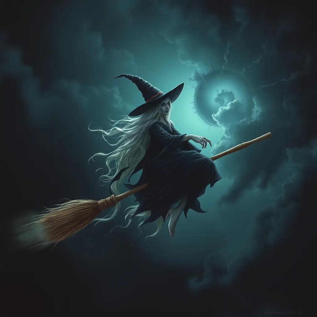 Flying on a witch's broom through the gloomy night sky of an evil witch with long, even snow-white hair. The atmosphere is magical, dark, and scary