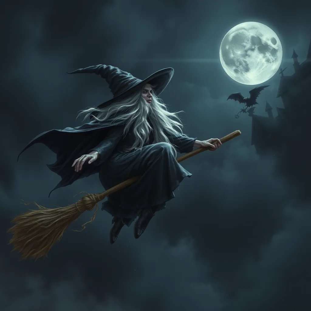 Flying on a witch's broom through the gloomy night sky of an evil witch with long, even snow-white hair. The atmosphere is magical, dark, and scary