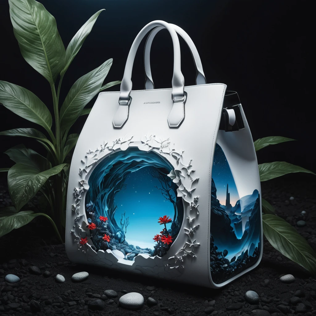 An image that presents a bag only for the brand Alexander McQueen. White rocks, planet, hyper-realistic, surrealism details, futuristic, 8k resolution, day editorial, inspired by Rick Owens or Alexander McQueen, dusk. Blue, black, and white. Red small details campaign. Dark, night. With bioluminescent plants that light up the bag during the night. During the night.