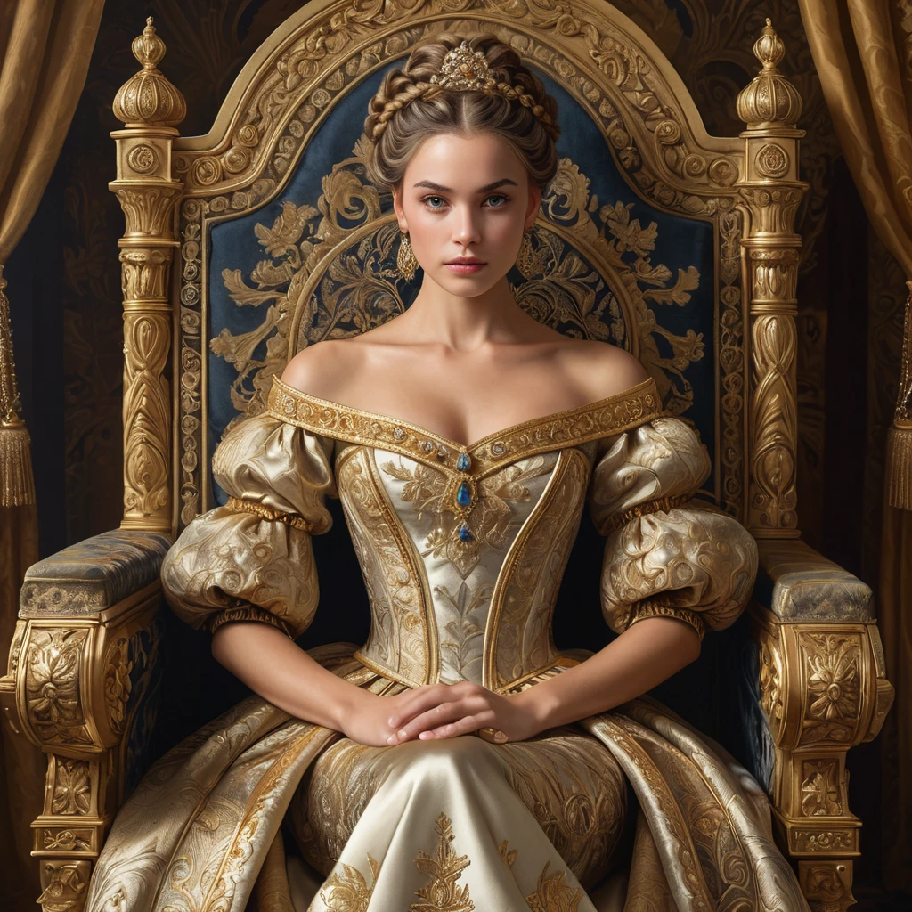 A regal woman with braided updo, wearing an elaborate gown fit for a queen, with gold filigree and rich, deep satin textures, in a grand throne room adorned with tapestries