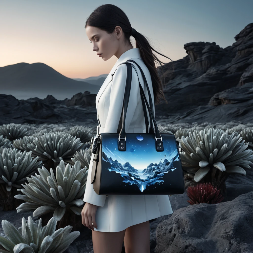 An image that presents a bag only for the brand Alexander McQueen. White rocks, planet, hyper-realistic, surrealism details, futuristic, 8k resolution, day editorial, inspired by Rick Owens or Alexander McQueen, dusk. Blue, black, and white. Red small details campaign. Dark, night. With bioluminescent plants that light up the bag during the night. During the night.