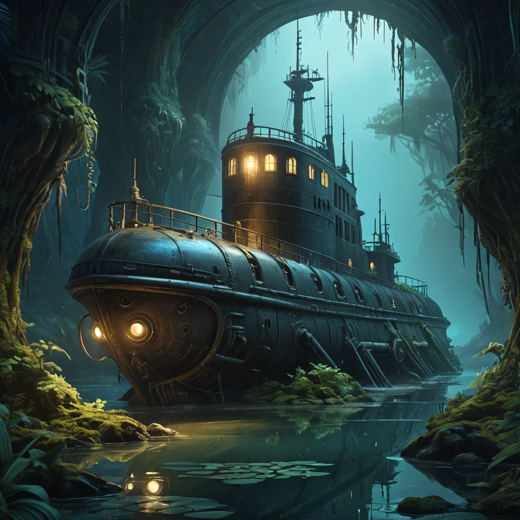 Beached steampunk submarine shipwreck in swamp,  dark atmosphere, night, mijn, highly detailed, digital painting, artstation, concept art, smooth, sharp focus, illustration, art by artgerm and greg rutkowski and alphonse mucha, erte, 8 k