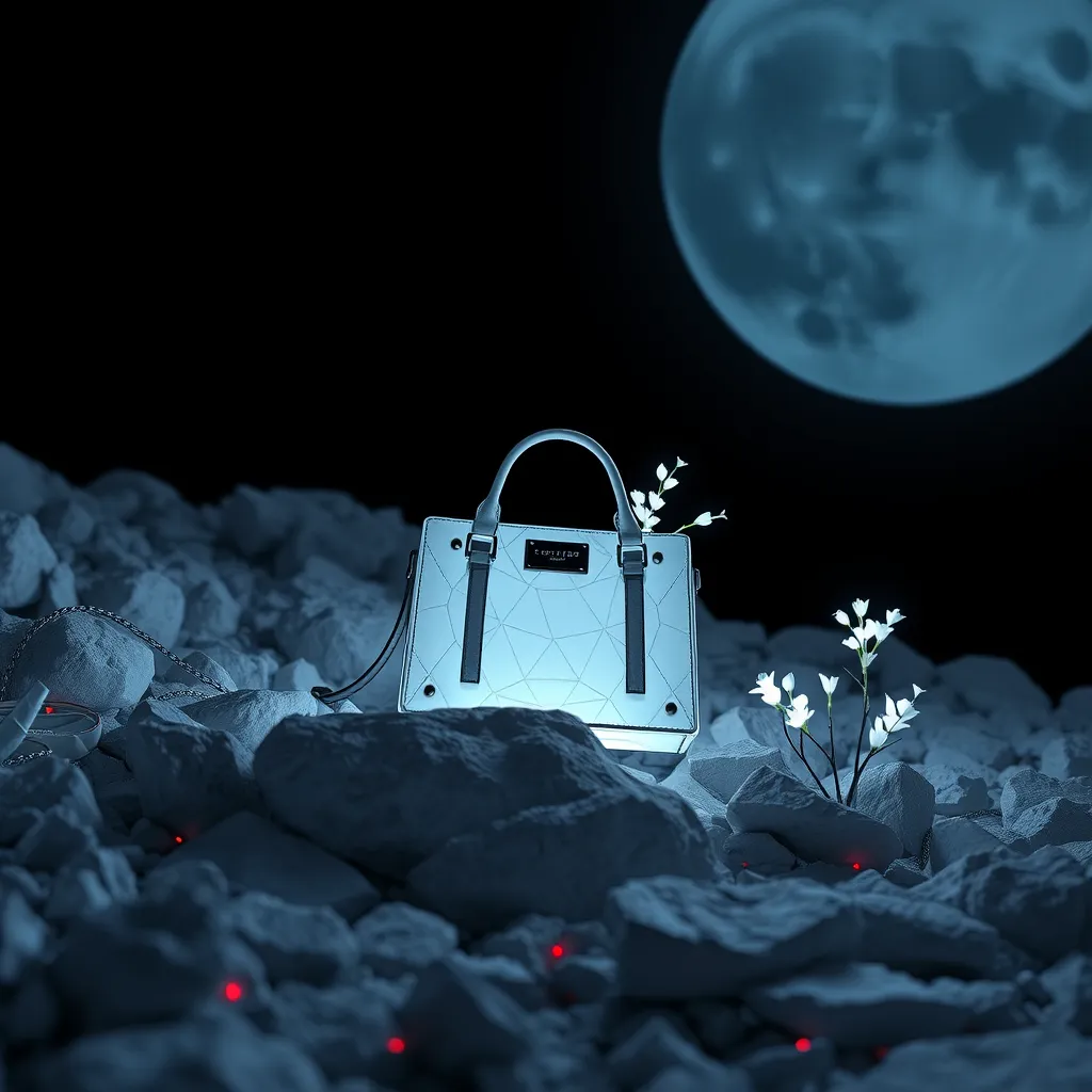 An image that presents a bag only for the brand Alexander McQueen. White rocks, planet, hyper-realistic, surrealism details, futuristic, 8k resolution, day editorial, inspired by Rick Owens or Alexander McQueen, dusk. Blue, black, and white. Red small details campaign. Dark, night. With bioluminescent plants that light up the bag during the night. During the night.