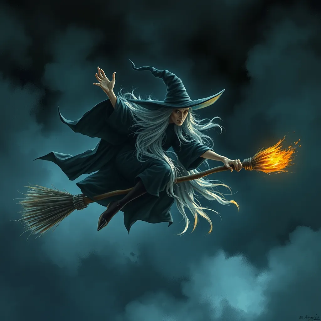 Flying on a witch's broom through the gloomy night sky of an evil witch with long, even snow-white hair. The atmosphere is magical, dark, and scary