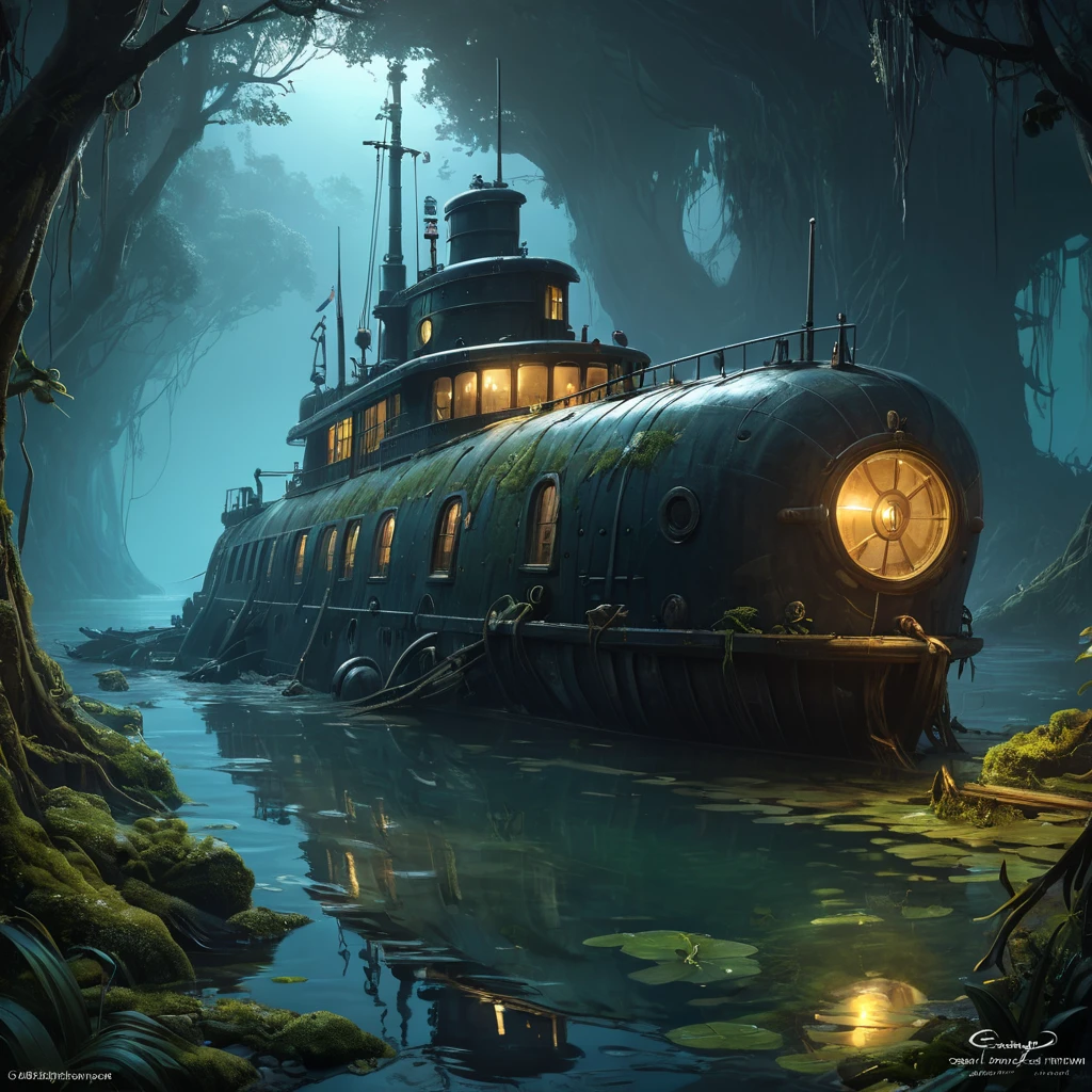 Beached steampunk submarine shipwreck in swamp,  dark atmosphere, night, mijn, highly detailed, digital painting, artstation, concept art, smooth, sharp focus, illustration, art by artgerm and greg rutkowski and alphonse mucha, erte, 8 k