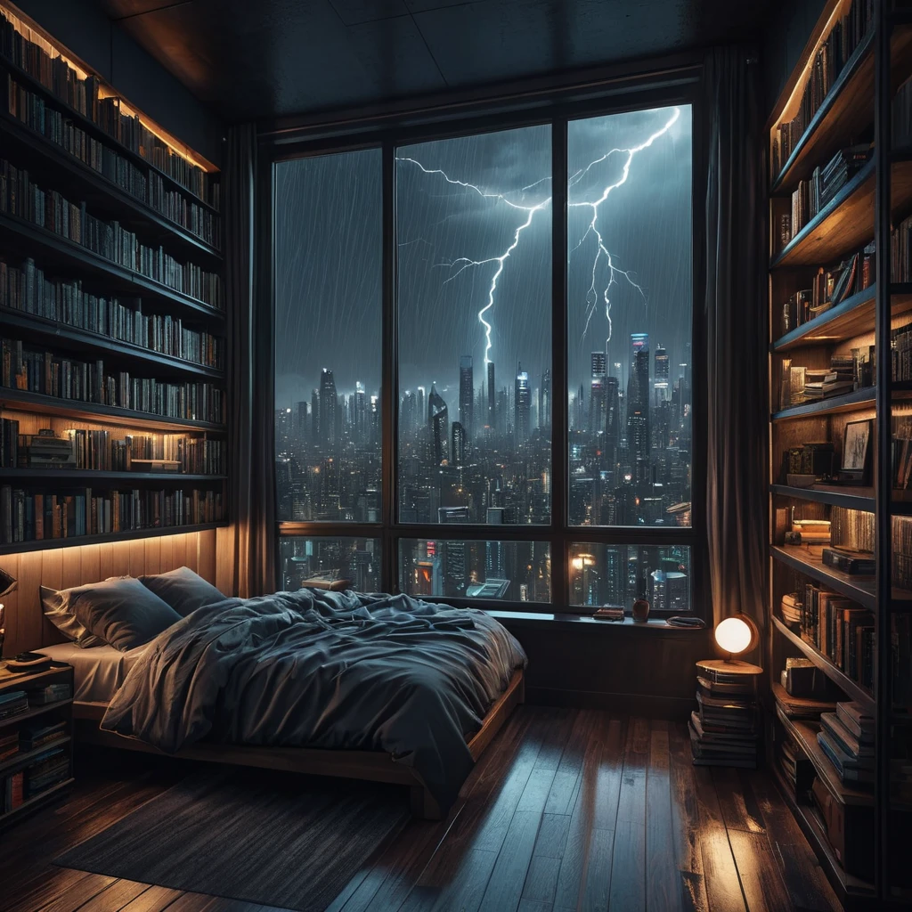 beautiful cozy, tiny, cramped bedroom with floor to ceiling glass windows overlooking a cyberpunk city at night, bookshelves, thunderstorm outside with torrential rain, detailed, high resolution, photorrealistic, dark, gloomy, moody aesthetic