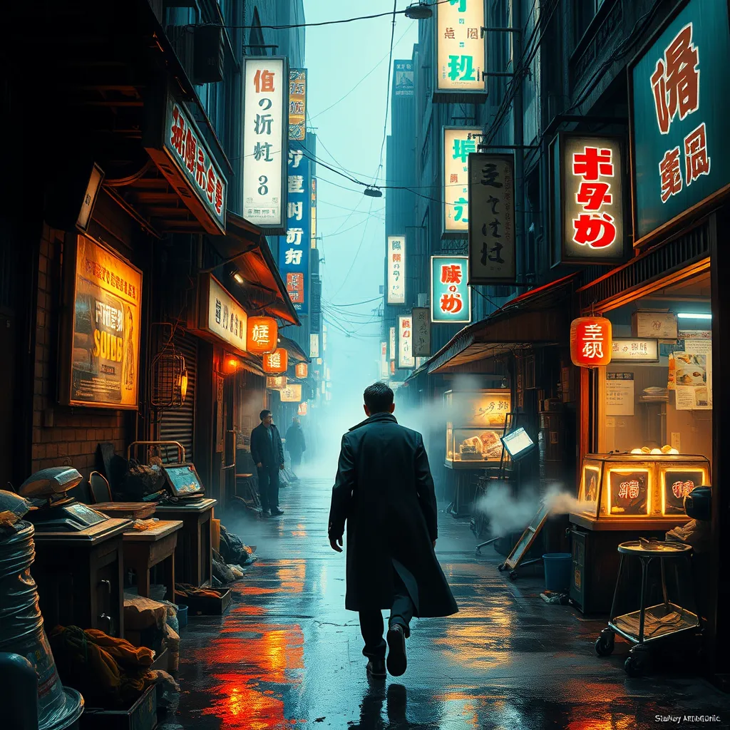 A lone figure in a trench coat walks down a narrow, trash-filled alleyway, bathed in the artificial glow of holographic advertisements, steam billowing from street vendors, rain pouring relentlessly, Blade Runner aesthetic, film noir lighting, sense of unease