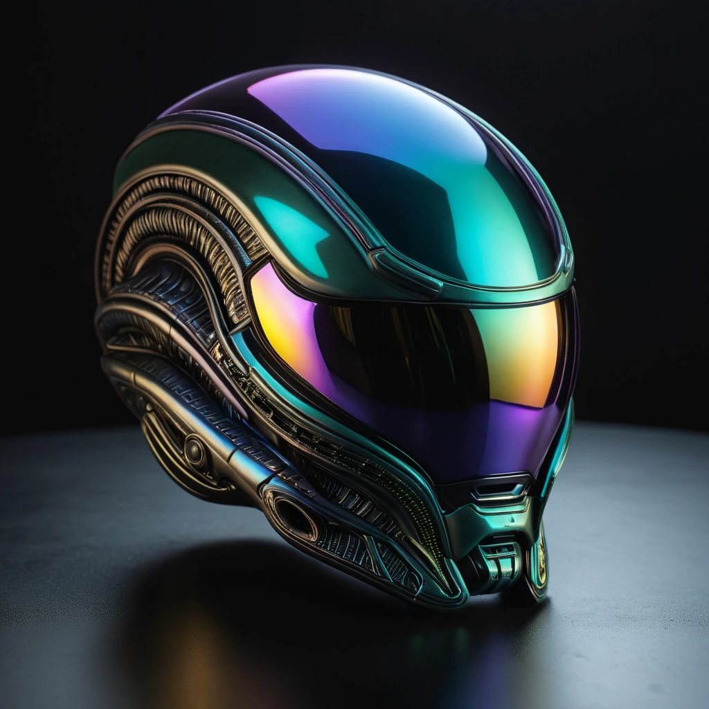 alien helmet with iridescent reflection. Dark background