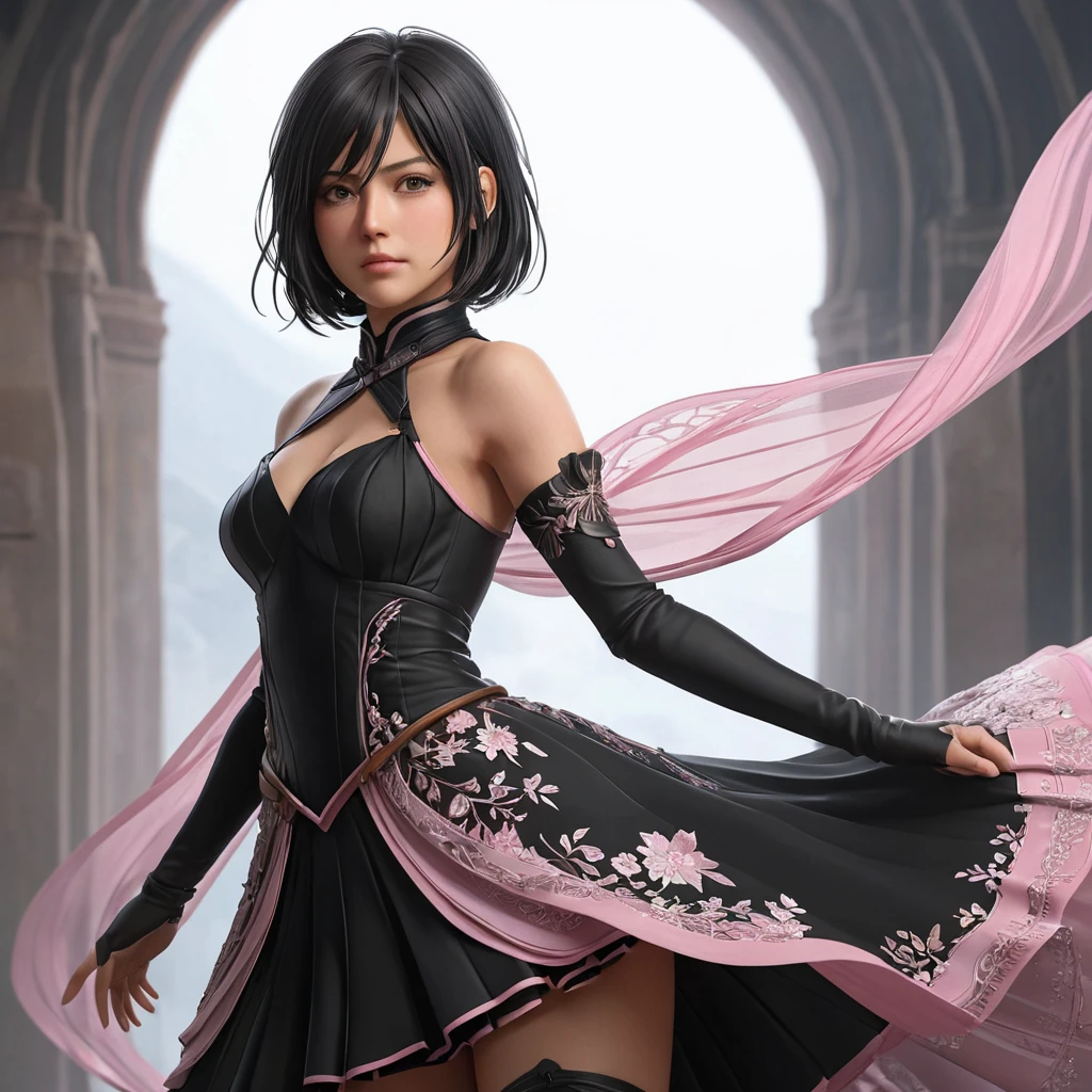 Mikasa Ackerman in a detailed intricate pink and black dress