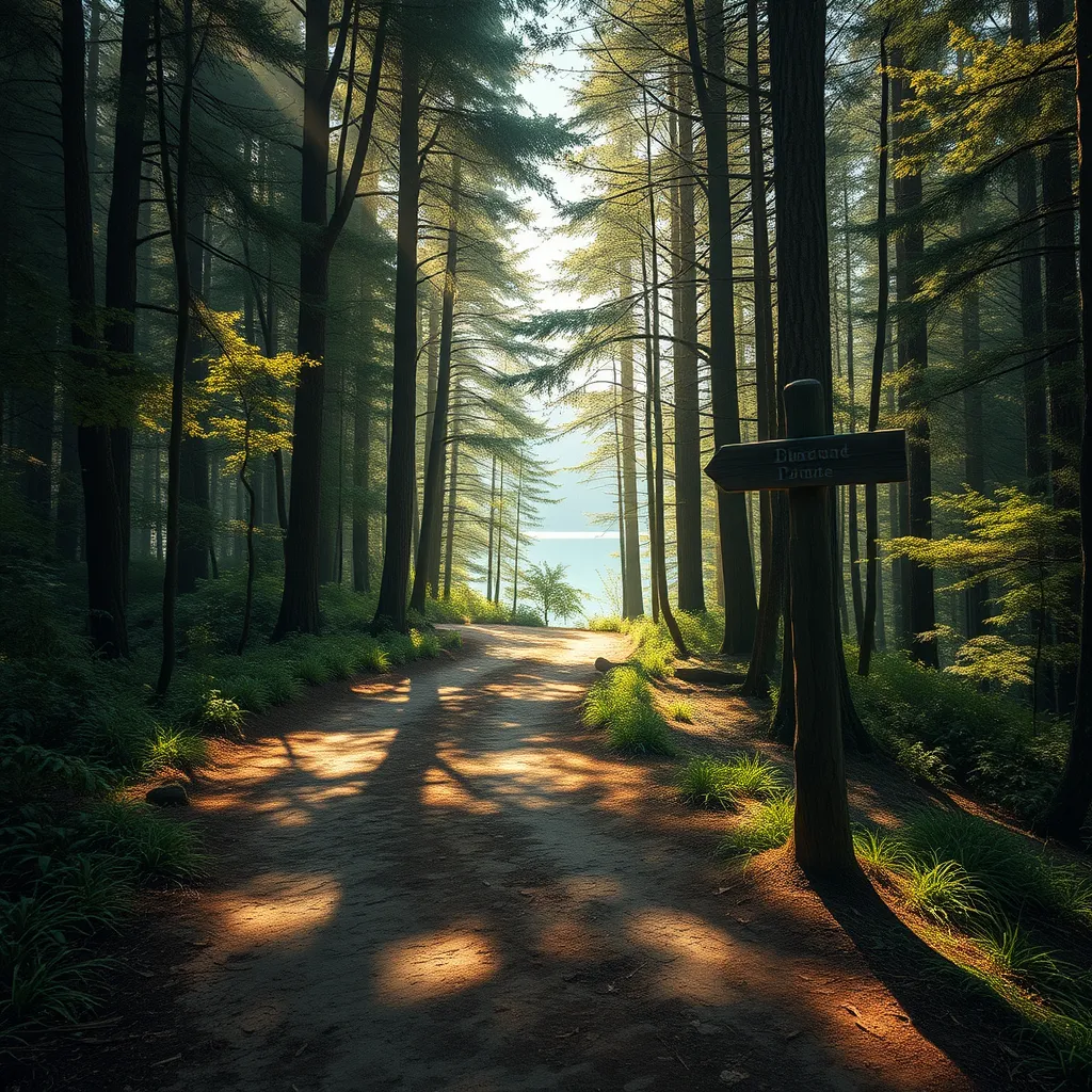 A winding dirt path disappearing into a dense forest, sunlight filtering through the canopy, a weathered wooden signpost pointing towards a distant lake, Firewatch color palette, peaceful and inviting, sense of mystery