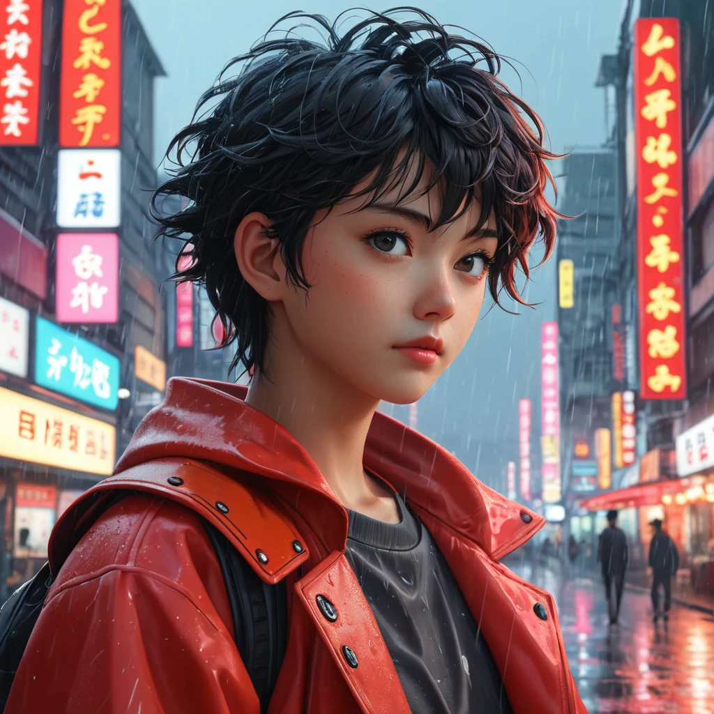 Anime art of Akira, detailed scene, red, perfect face, intricately detailed photorealism, trending on artstation, neon lights, rainy day, ray-traced environment, vintage 90's anime artwork