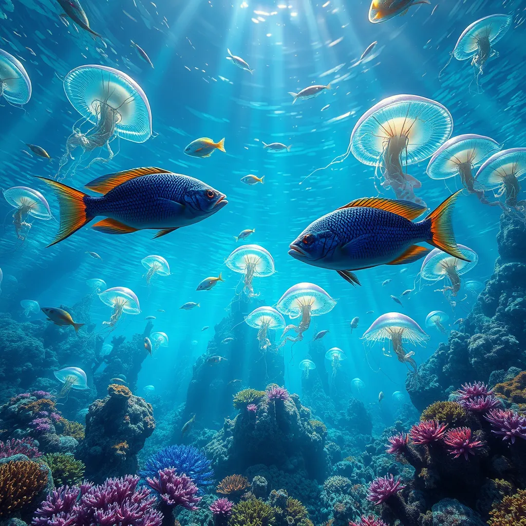 An underwater alien world with bioluminescent coral reefs, shimmering jellyfish forests, strange and beautiful fish with iridescent scales, shafts of sunlight filtering through the water, vibrant and colorful, photorealistic, National Geographic photography