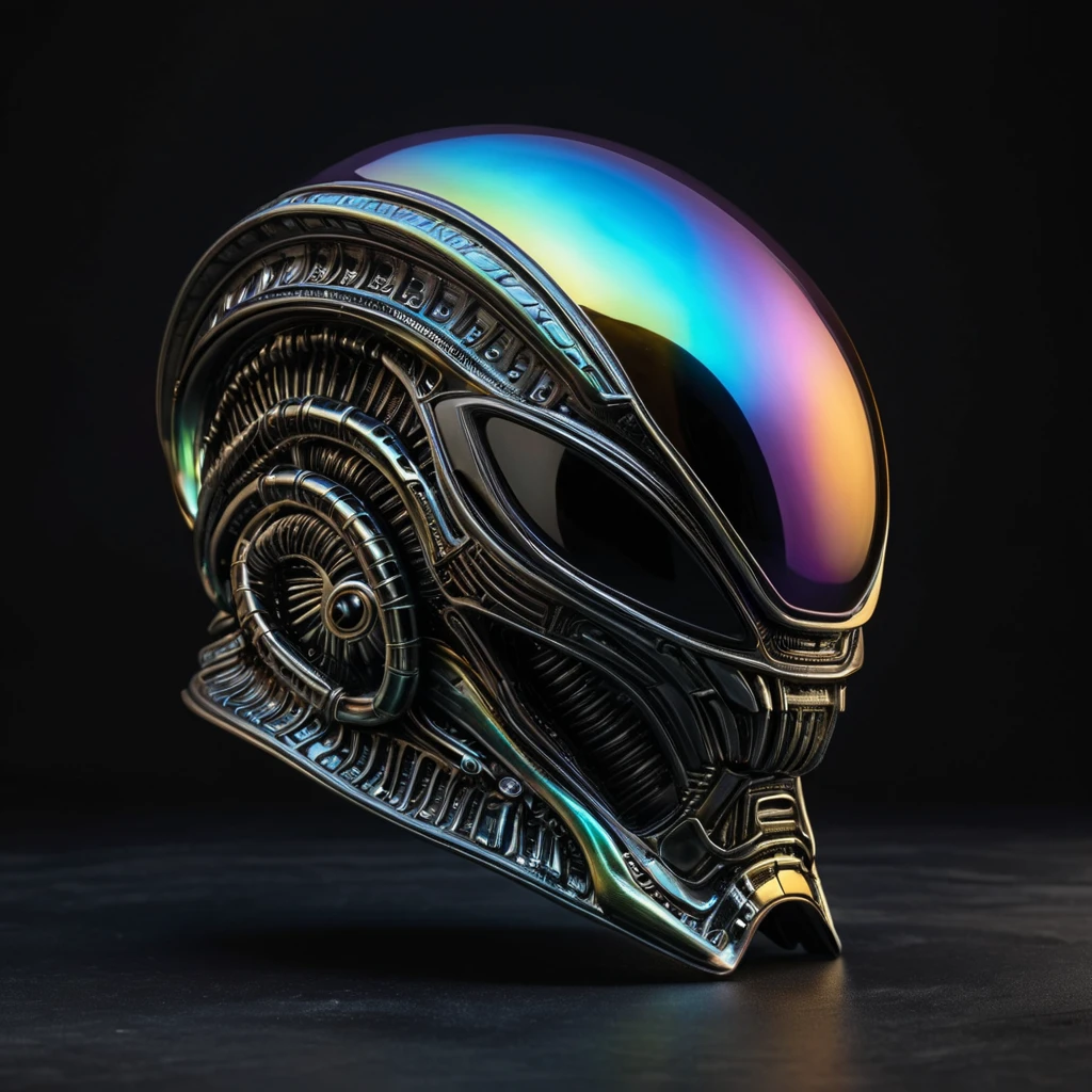 alien helmet with iridescent reflection. Dark background