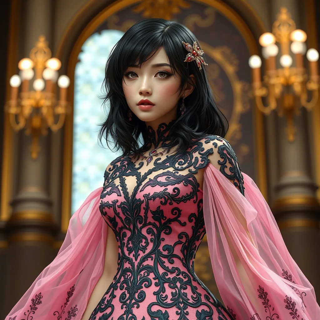 Mikasa Ackerman in a detailed intricate pink and black dress