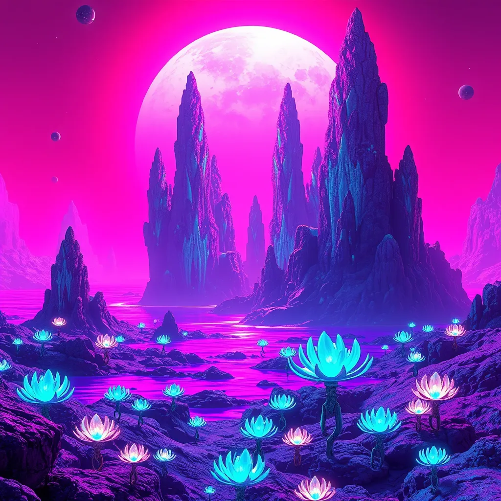 A surreal alien landscape bathed in the magenta glow of a binary sun, towering crystalline formations jutting out of a vibrant purple ocean, exotic bioluminescent flora dotting the landscape, No Man's Sky inspired, vibrant colors, sense of wonder