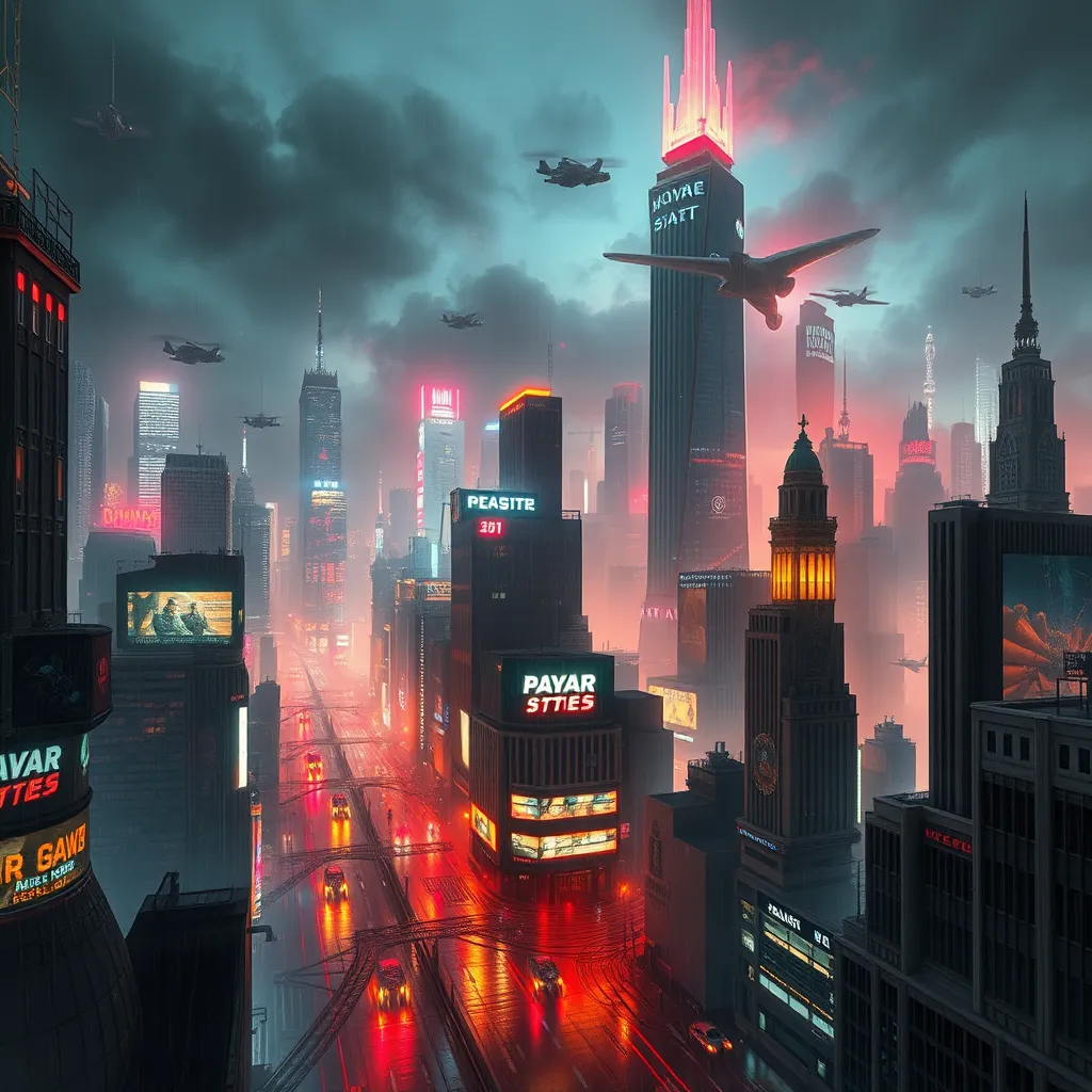 A sprawling dystopian cityscape at night, towering neon skyscrapers pierce a polluted sky, flying vehicles navigate a labyrinth of illuminated advertising, rain-slicked streets reflecting a kaleidoscope of light, Blade Runner style, cyberpunk, dark and gritty