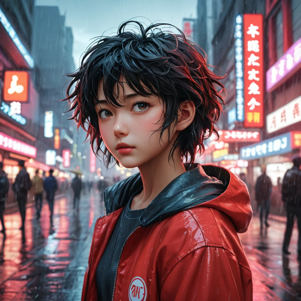 Anime art of Akira, detailed scene, red, perfect face, intricately detailed photorealism, trending on artstation, neon lights, rainy day, ray-traced environment, vintage 90's anime artwork