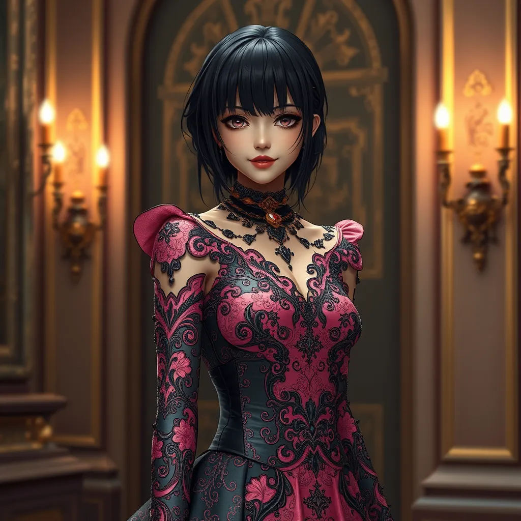 Mikasa Ackerman in a detailed intricate pink and black dress