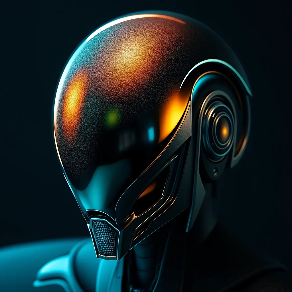 alien helmet with iridescent reflection. Dark background