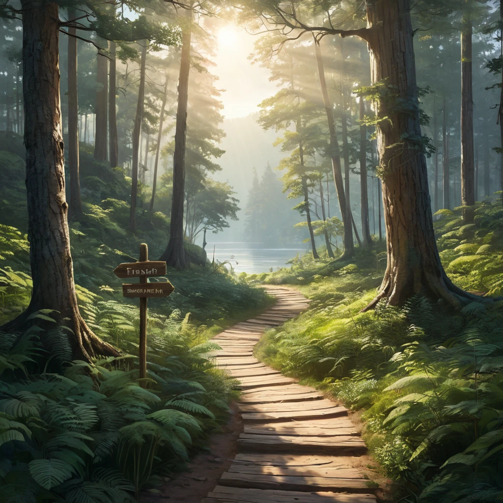 A winding dirt path disappearing into a dense forest, sunlight filtering through the canopy, a weathered wooden signpost pointing towards a distant lake, Firewatch color palette, peaceful and inviting, sense of mystery