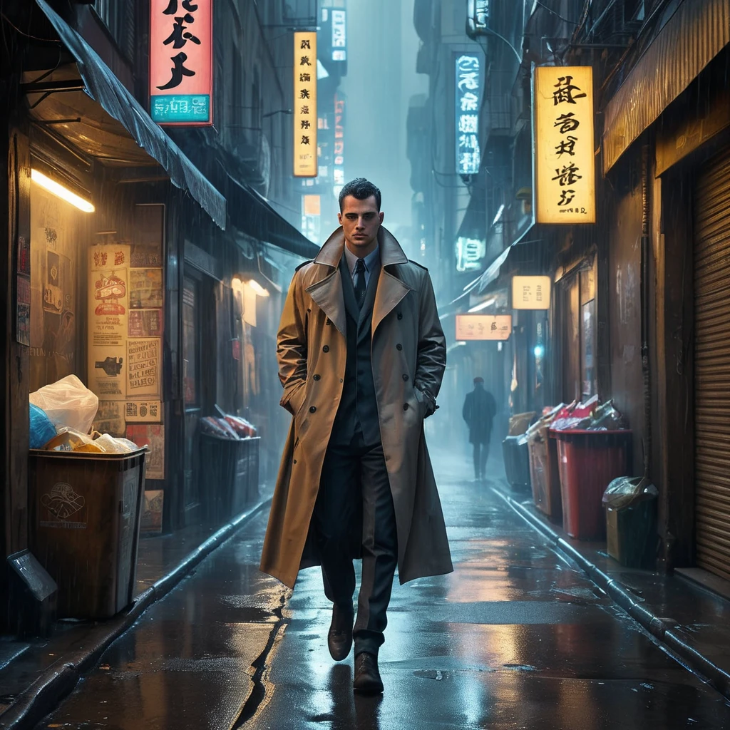 A lone figure in a trench coat walks down a narrow, trash-filled alleyway, bathed in the artificial glow of holographic advertisements, steam billowing from street vendors, rain pouring relentlessly, Blade Runner aesthetic, film noir lighting, sense of unease