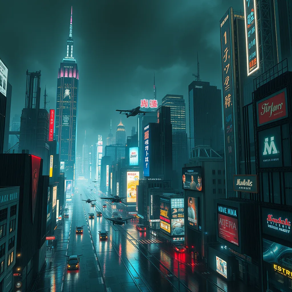 A sprawling dystopian cityscape at night, towering neon skyscrapers pierce a polluted sky, flying vehicles navigate a labyrinth of illuminated advertising, rain-slicked streets reflecting a kaleidoscope of light, Blade Runner style, cyberpunk, dark and gritty