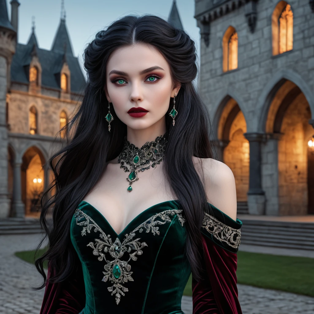 A stunningly beautiful vampire queen with piercing emerald eyes, porcelain skin, and long flowing black hair, adorned in a gothic burgundy velvet gown, standing in a castle courtyard bathed in moonlight, intricate details, hyperrealistic, sharp focus