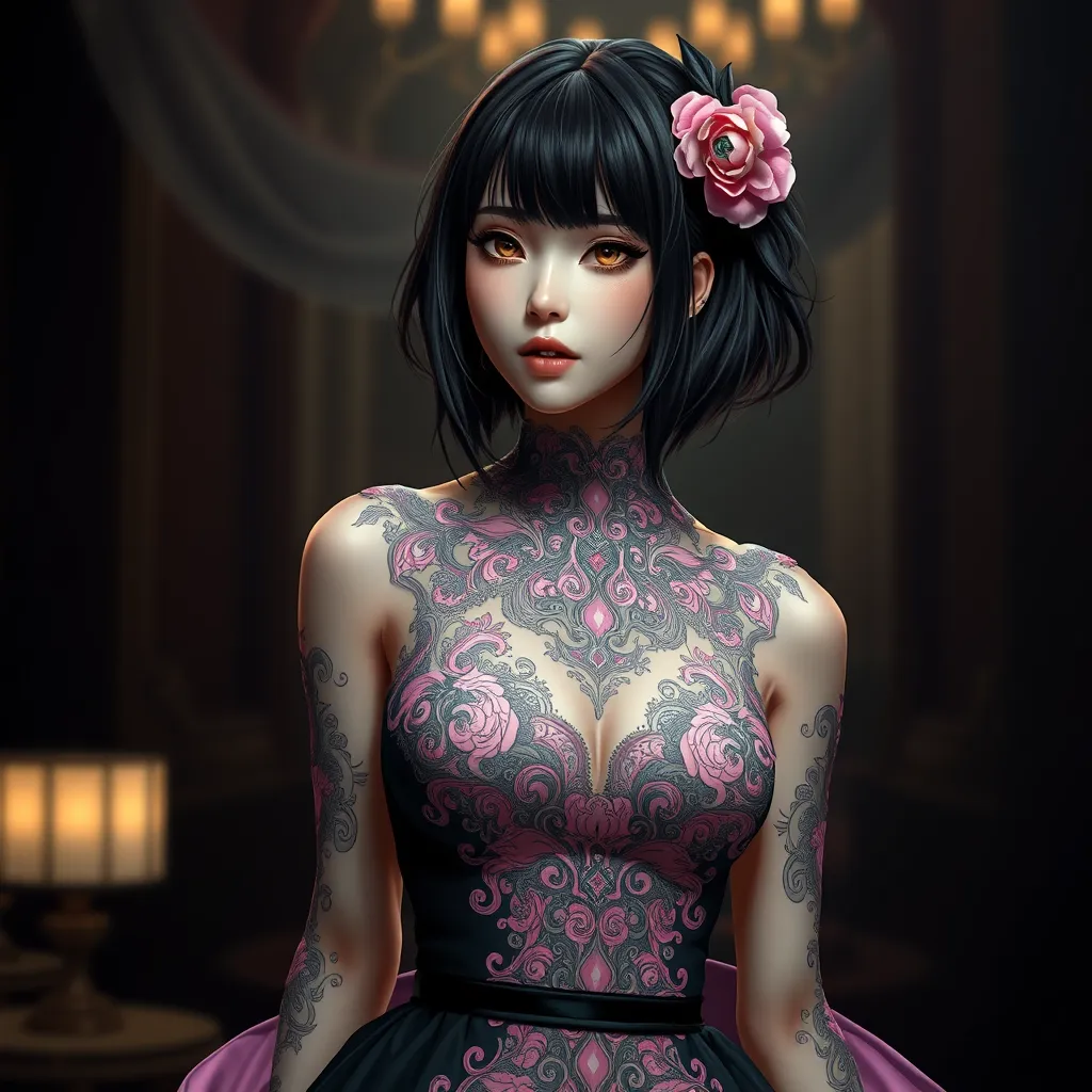 Mikasa Ackerman in a detailed intricate pink and black dress