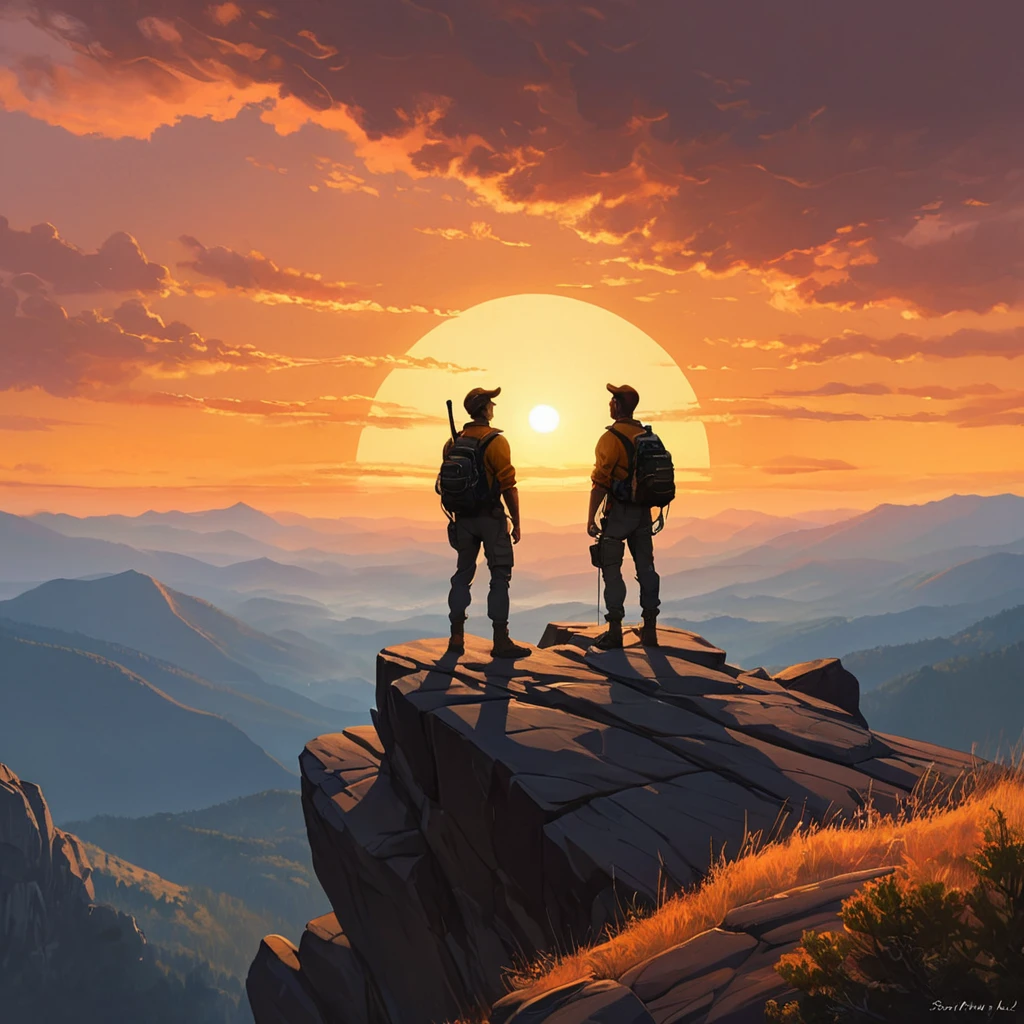 Two figures silhouetted against a fiery sunset, standing on a rocky cliff overlooking a vast valley, their walkie-talkies crackling with static, the scent of pine and smoke filling the air, Firewatch inspired, emotional, story-driven