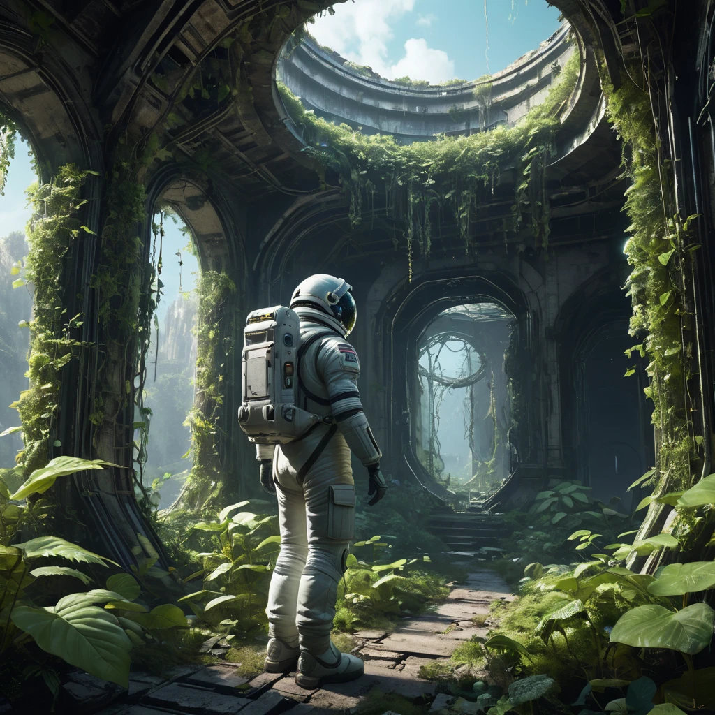 A derelict space station, overgrown with luminous vines and bioluminescent fungi, remnants of advanced technology peeking through the organic growth, a lone astronaut in a spacesuit exploring the ruins, haunting and beautiful, volumetric lighting, photorealistic, trending on Artstation