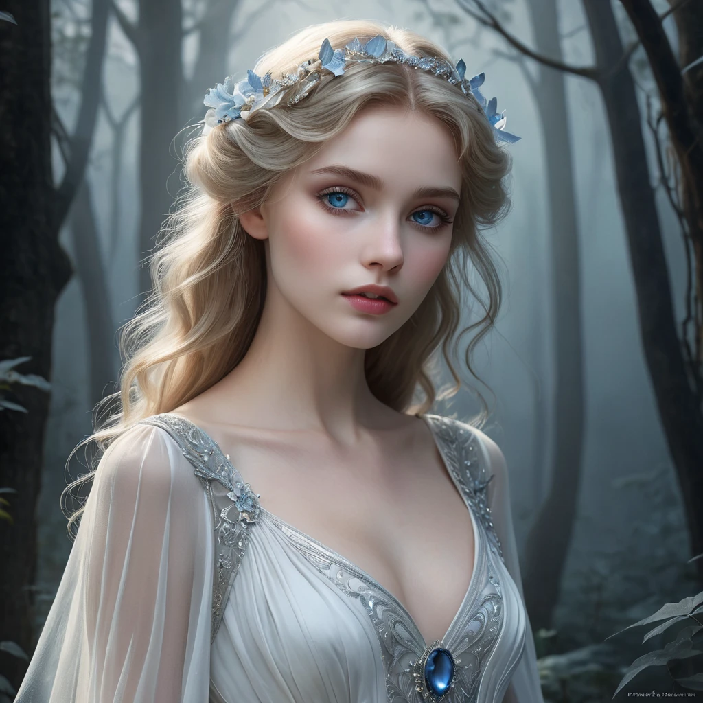 An ethereal vampire maiden with a delicate yet captivating beauty, pale blue eyes that shimmer like sapphires, wearing a flowing white dress that evokes the moonlight, surrounded by mist in a dark forest, art nouveau style, soft lighting, dreamlike atmosphere