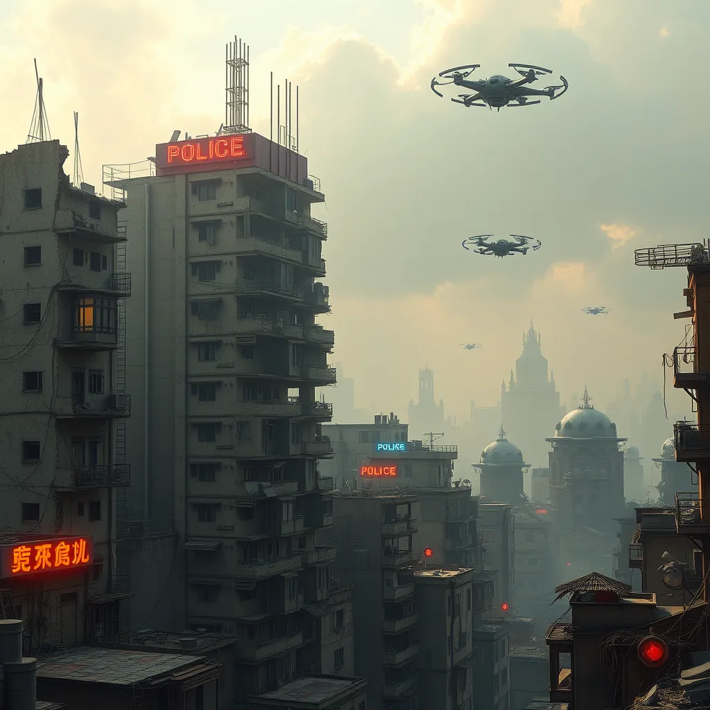 A dilapidated apartment complex in a futuristic slum, crumbling concrete structures stacked precariously, flickering neon signs cast long shadows, flying police spinners patrol a hazy sky, gritty realism, dystopian decay, Blade Runner inspired