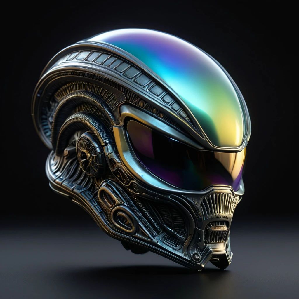 alien helmet with iridescent reflection. Dark background