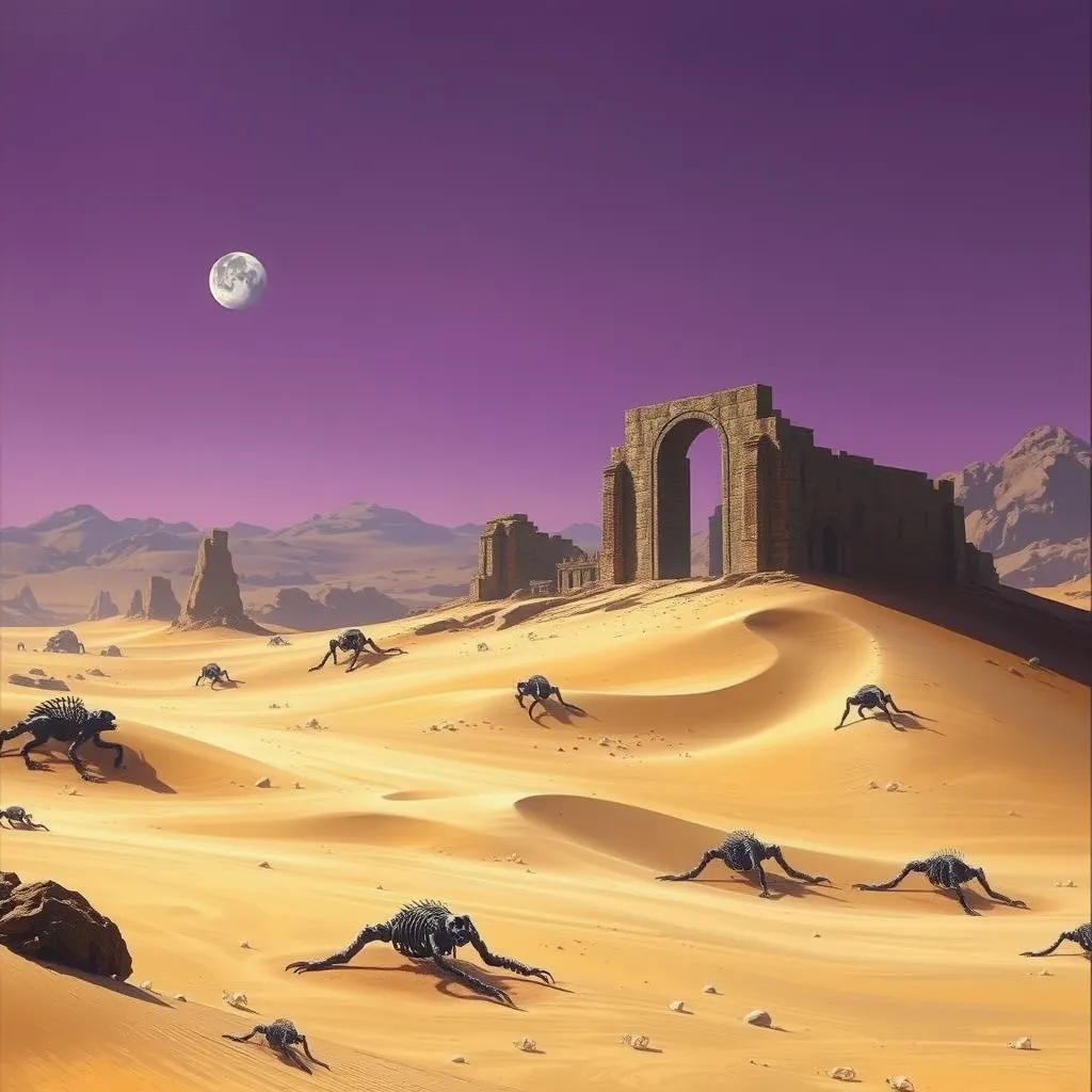 A desert planet with colossal, ancient ruins half-buried in the sand dunes, giant skeletons of unknown creatures scattered across the landscape, two moons casting long shadows in the purple sky, sense of mystery and wonder, matte painting style, by Thomas Cole and Caspar David Friedrich