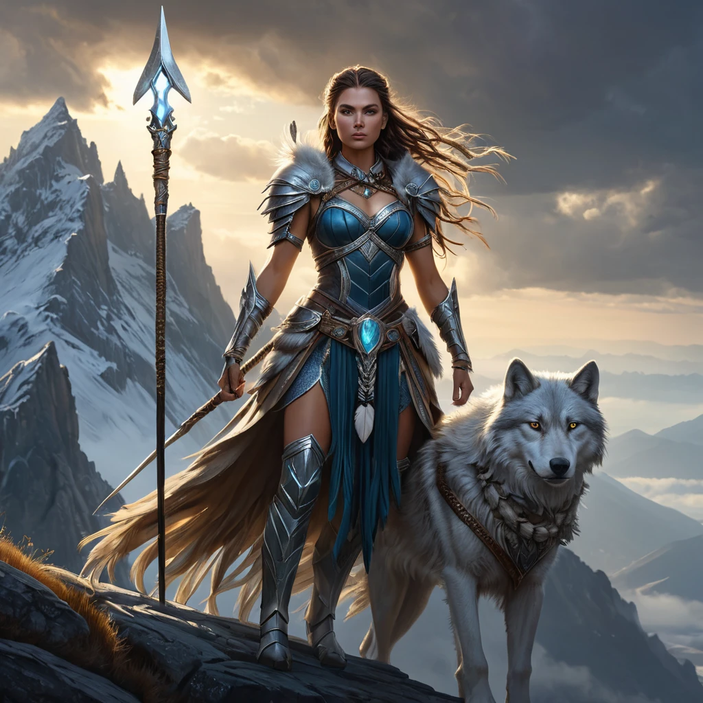 A powerful Wild Hunt warrior queen, wielding a glowing spear, her face framed by braids adorned with feathers and bones, standing atop a windswept mountain, her loyal wolf companion by her side, epic fantasy, dramatic lighting, detailed armor