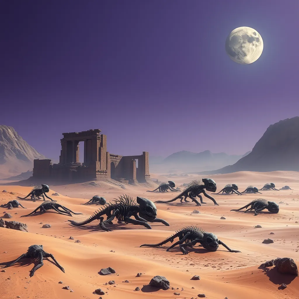 A desert planet with colossal, ancient ruins half-buried in the sand dunes, giant skeletons of unknown creatures scattered across the landscape, two moons casting long shadows in the purple sky, sense of mystery and wonder, matte painting style, by Thomas Cole and Caspar David Friedrich